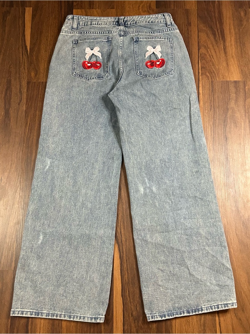 J for Justify Light Blue Wide Leg Jeans with Red Cherry embroidered Pockets